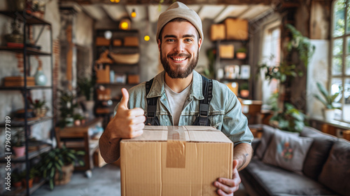 Young happy smiling employee of moving service overall standing in the living room of new house holding cardboard box and showing thumb up.