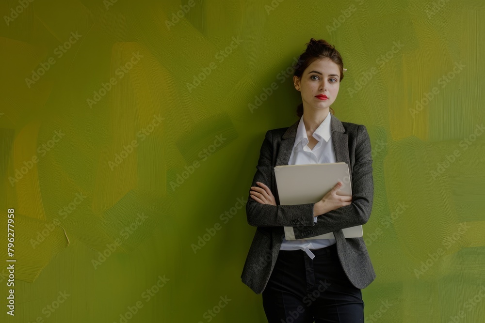 The portrait of the confident smiling career broker in front of a green background exudes professional knowledge and approachable, intellectual business woman in the modern workplace The portrait of the confident smiling career broker in front of a green background exudes professional knowledge and approachable, intellectual business woman in the modern workplace