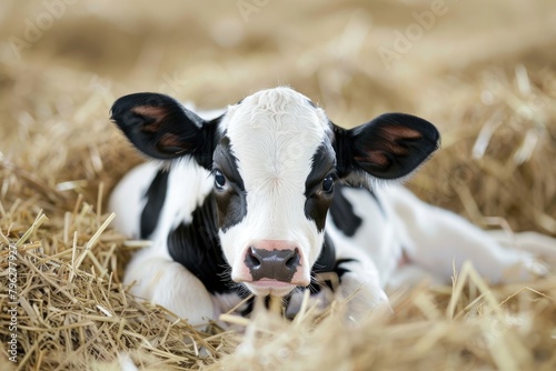 Closeup View of Lovely Holstein Calf, Newborn Baby Cow Lying in Straw Inside Dairy Farm