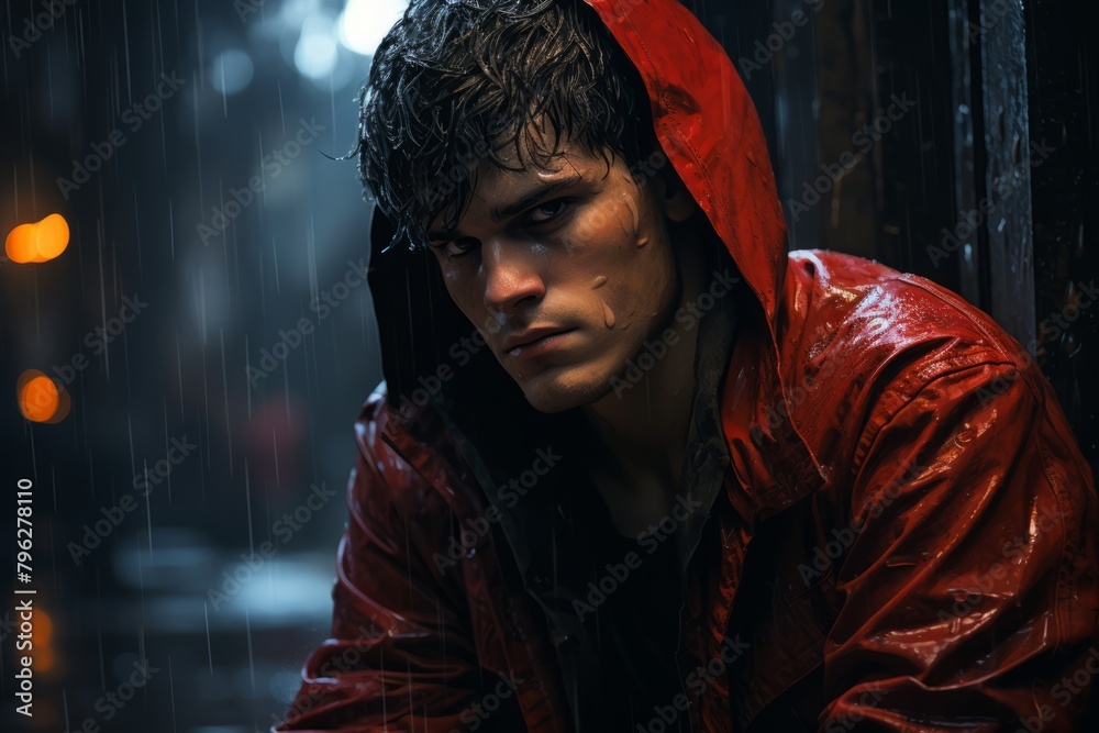 A Man in a Red Raincoat Sitting in the Rain