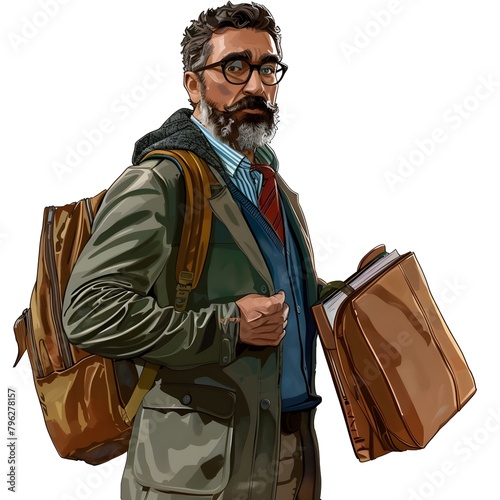 man with backpack, colse up A senior person on white background. photo