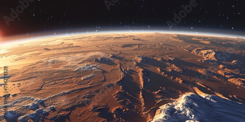 Realistic 3D Illustration of Martian Landscape with Water: A Stunning View of a Snowy Surface Ocean photo