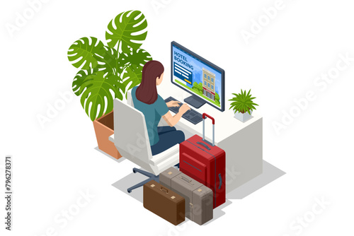 Isometric online hotel booking concept. Buying ticket with smartphone. People booking hotel and search reservation for holiday. Smartphone maps gps location.