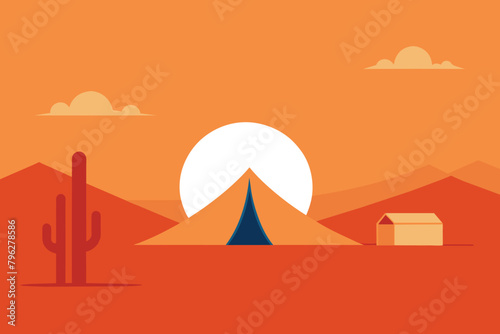 Camp on wild desert mono line vector design illustration