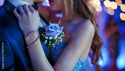 Young woman with corsage and her prom date dancing on blue background, closeup