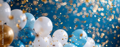 Birthday party design with white balloons, gold confetti, and blue accents