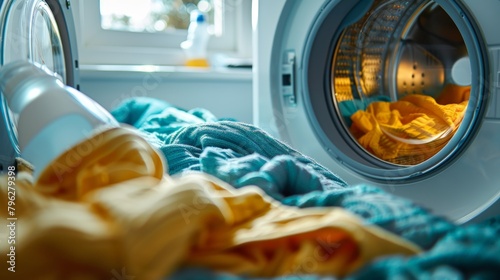 Active wear coming out of a washing machine, detergent in foreground © sayan