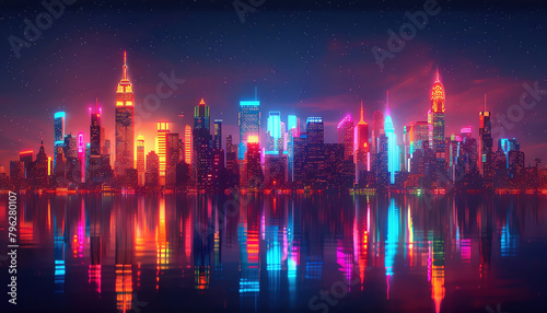 A whimsical futuristic cityscape filled with vibrant neon colors against a dark isolated background