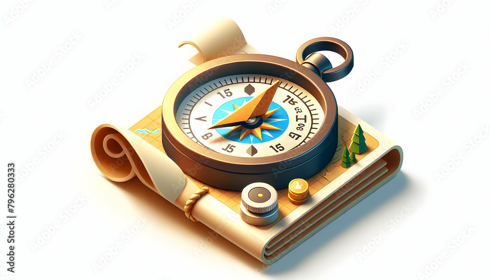 3D Flat Icon: Explorer Compass A Paper Map Signifying Next Adventure in Isometric Scene 3D Flat Icon: Explorer Compass A Paper Map Signifying Next Adventure in Isometric Scene