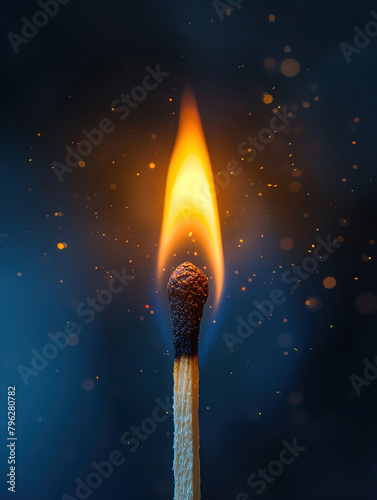Closeup of a lit match with a strong flame isolated on a black background focusing on the concept of ignition and light