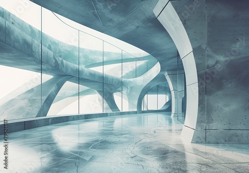 Abstract futuristic glass architecture with empty concrete floor in 3D render