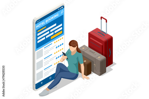 Isometric Online booking phone application. Buying ticket with smartphone. People booking hotel and search reservation for holiday. Smartphone maps gps location.