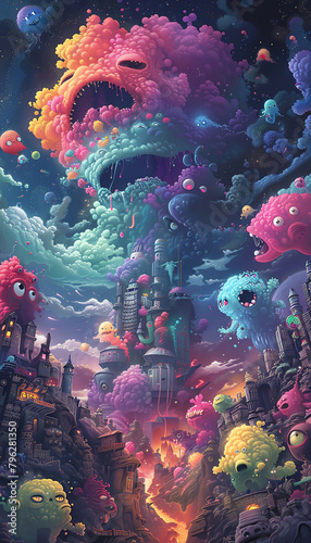 Playful cartoon characters interacting in a surreal dreamscape