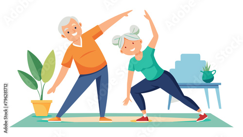 senior active exercise couple training sport fitness home stretching yoga woman man pilates gym together, simplistic flat vector illustration, white background, isolated