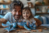 A joyful father and little daughter are playing with a large, whimsical blue toy dragon on a wooden table