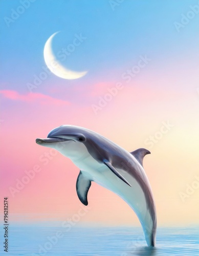 Dolphin is smiling. A jewel-like crescent moon in the light blue and pink sky.