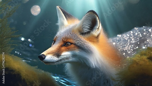 Glimmering Aquatic Fox - A sleek fox with shimmering silver fur and webbed feet, gliding  photo