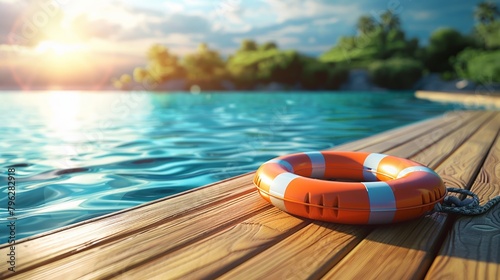 Poolside scene with vibrant lifebuoy resting on warm toned wooden slats photo