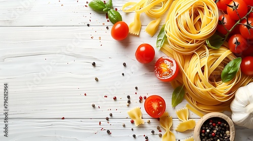 Italian pasta ingredients on white wooden table, top view, copy space