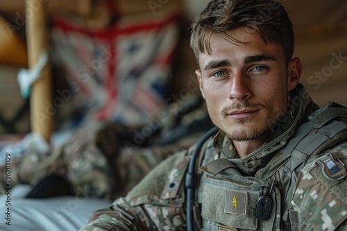 A soldier gives a subtle smile with content in a barrack setting, exuding a sense of calm and confidence photo