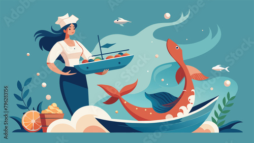 A whimsical illustration of a ship sailing through a sea of seafood ingredients such as seaweed shells and fish bones. The boat is led by a