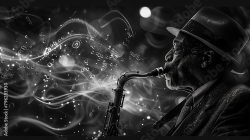 An elderly African-American saxophonist performs with inspiration at a jazz concert. Jazz Day. a man with a saxophone and a hat.