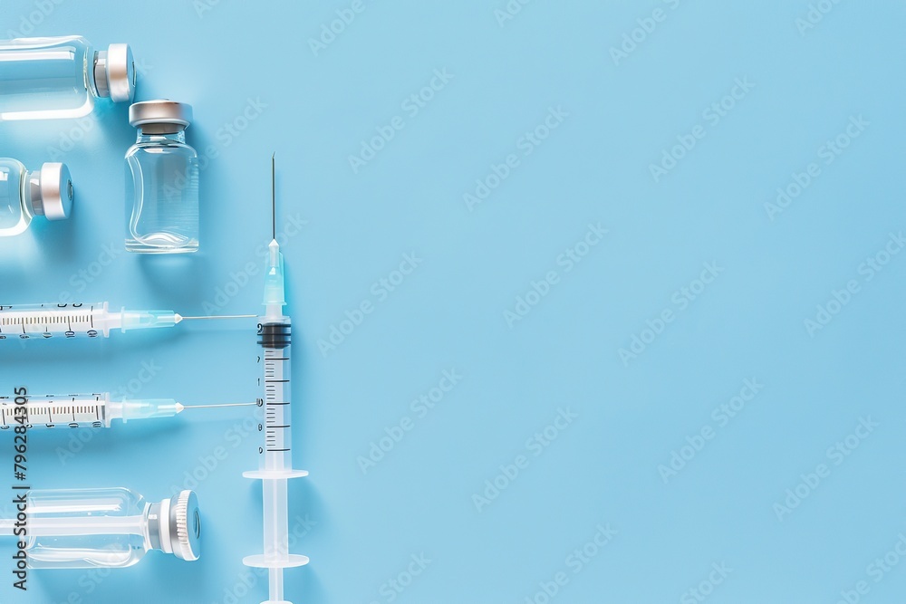 Syringe and glass vial on blue background flat lay. Medical Vials group, needles, ampoules, bottle with medicine, vaccine. Disease treatment. Creative Banner. Anti-aging beauty injections. Vaccination Syringe and glass vial on blue background flat lay. Medical Vials group, needles, ampoules, bottle with medicine, vaccine. Disease treatment. Creative Banner. Anti-aging beauty injections. Vaccination