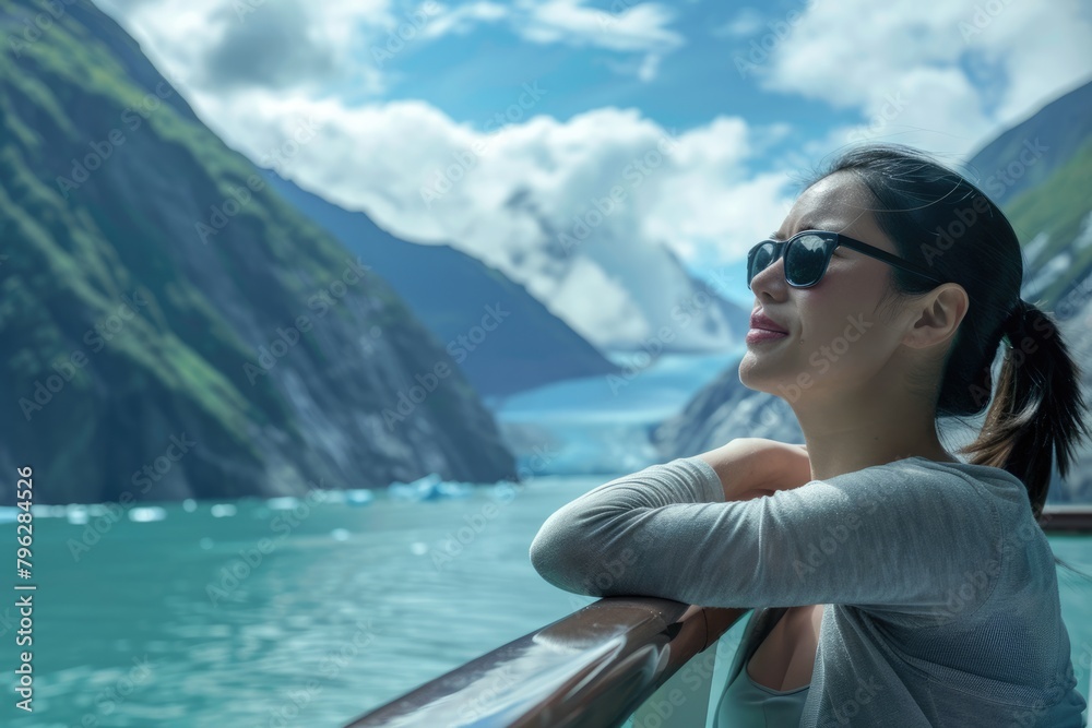 Experience Luxury on an Cruise: Woman Relaxing on Balcony, Admiring Nature's Landscape and