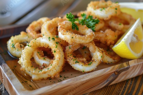 Appetising Italian Calamari Rings - Crispy Fried Seafood Snack Served on Wooden Tray with Lemon