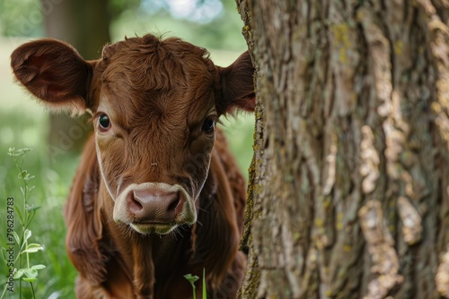 Mini Cow Dexter in Natural Pasture Behind Tree - Beautiful Brown Cattle in Beef Industry Grazing photo