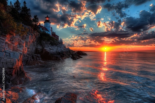 Sunset over Bass Head Lighthouse in National Park, Maine - Stunning View of Ocean