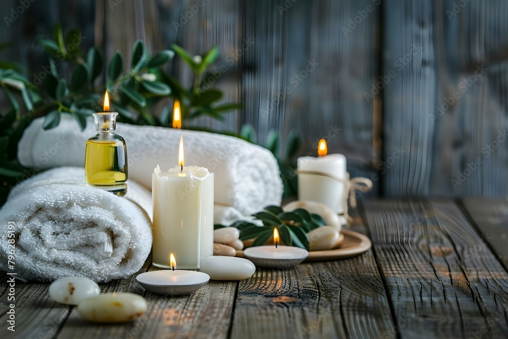 Spa setting with towels candles oils stones on wooden background. Concept Spa Setting, Towels, Candles, Oils, Stones, Wooden Background