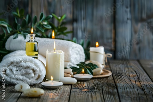 Spa setting with towels candles oils stones on wooden background. Concept Spa Setting, Towels, Candles, Oils, Stones, Wooden Background