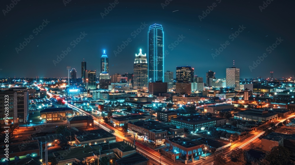 Downtown City at Night: Skyline and City Landscape with Urban Architecture, Skyscrapers,
