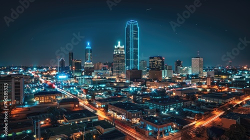 Downtown City at Night: Skyline and City Landscape with Urban Architecture, Skyscrapers,