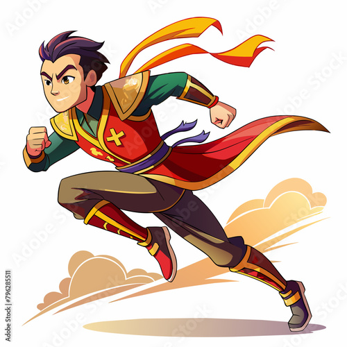 Full length handsome Asian man excited smile he is run in air on isolated white background.