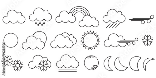 Set of line weather icons isolated on white background. Weather icons, editable thin line. Cloud, sun, rain, rainbow, ice, snow, fog, moon, snowflake, wind linear icons. 