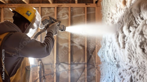 Shot of worker blowing loosefill insulation into wall cavity.generative ai photo