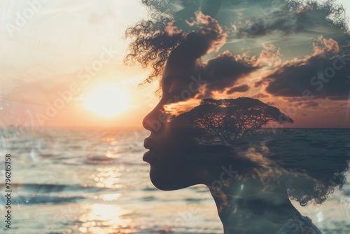 Mental State: A Woman's Silhouette Reflecting Sense of Freedom Mindset with photo