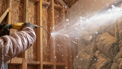 Shot of worker blowing loosefill insulation into wall cavity.generative ai photo