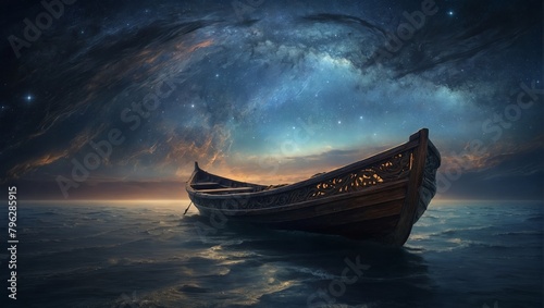 A haunting digital painting capturing a spectral skiff drifting amidst swirling stars photo