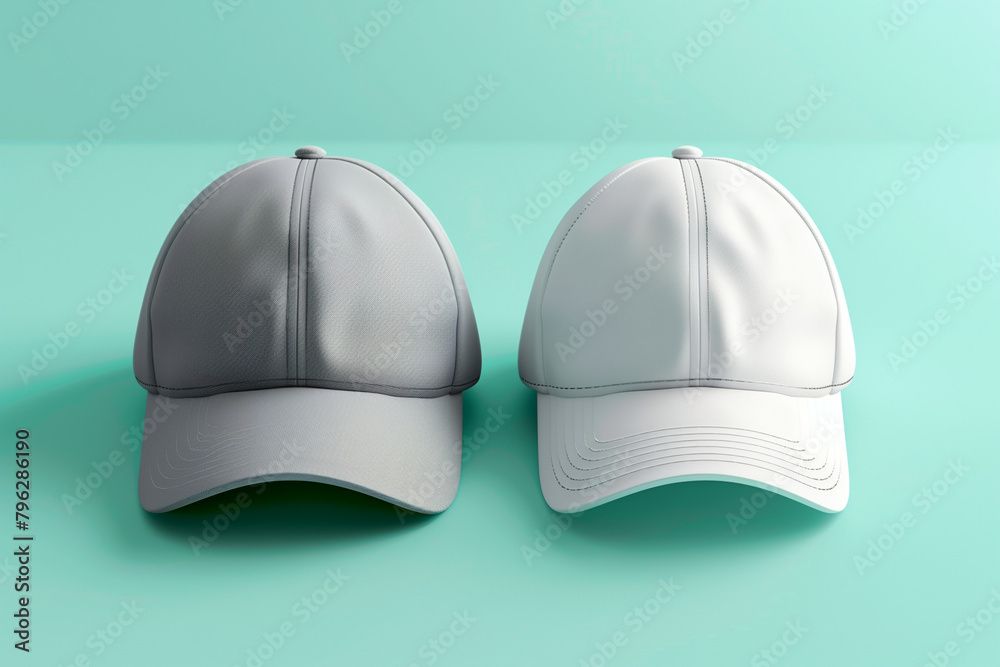 White and gray baseball caps mock-up displayed against a teal background, viewed from the front White and gray baseball caps mock-up displayed against a teal background, viewed from the front
