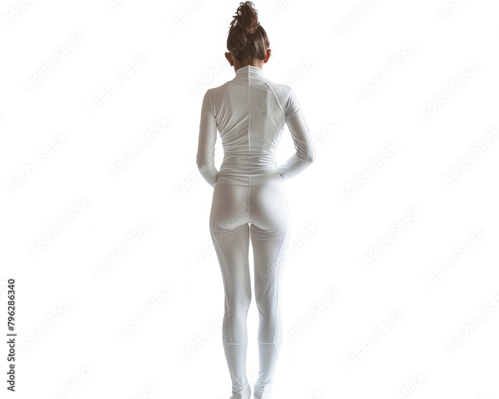 Young Woman in White Spandex Jumpsuit. Isolated on White Background, Full-Body Shot
