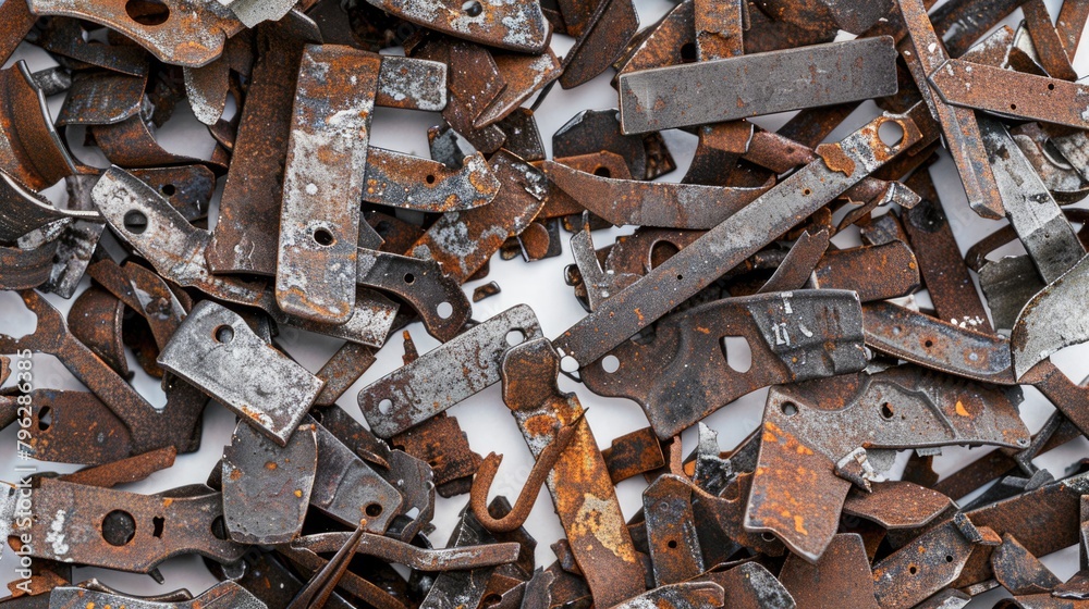 A pile of rusted metal pieces on a white surface. Suitable for industrial, construction, or recycling concepts A pile of rusted metal pieces on a white surface. Suitable for industrial, construction, or recycling concepts