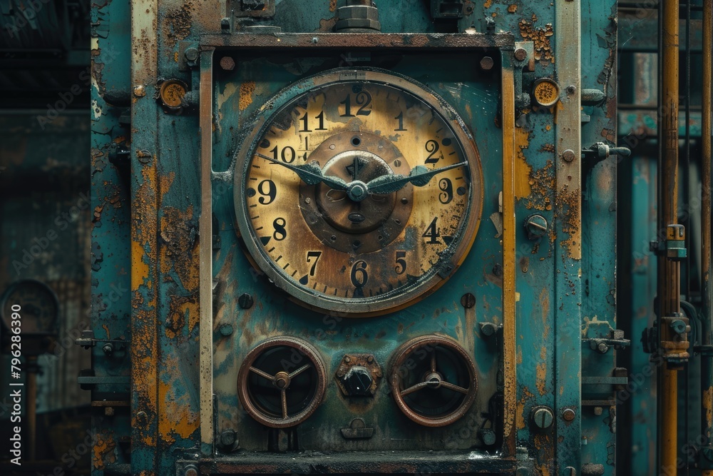 Abandoned Factory's Vintage Timeclock. Symmetrical Shot of an Old Mechanical Clock Used for Work
