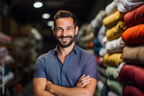 Generative AI young business owner standing on clothing store fabric clothing production boutique photo