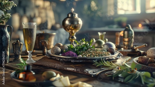 A symbolic Passover plate with the traditional items like bitter herbs and charoset, representing the story and significance of the Second Passover. photo