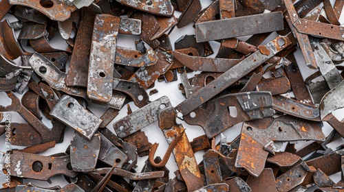 A pile of rusted metal pieces on a white surface. Suitable for industrial, construction, or recycling concepts