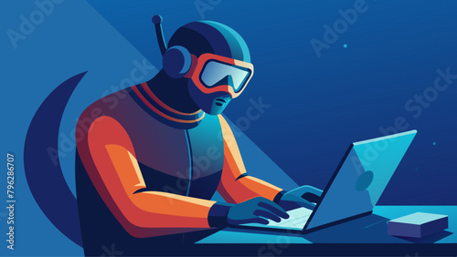 A person deep sea diving in scuba gear but also wearing a scuba mask with a computer screen inside checking emails and scrolling through social