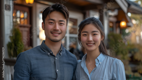 Portrait of happy young asian couple standing in front of house looking at camera